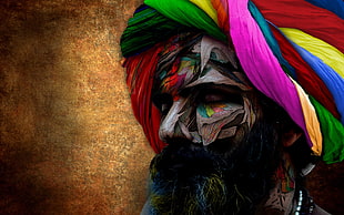 multicolored bust with turban painting, Indian, headdress, colorful, men