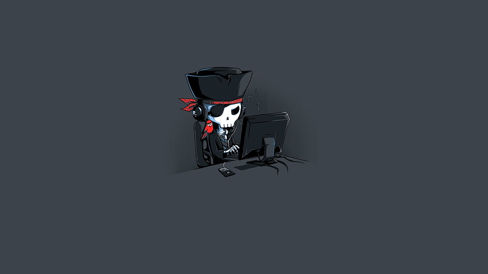 black and white Pirate character illustration, artwork, pirates, simple background, skull HD wallpaper