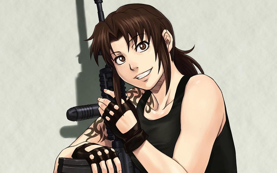man in black tank top with rifle anime HD wallpaper