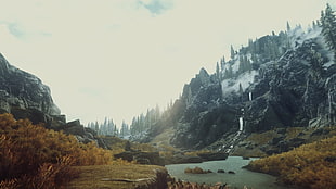 mountain near river panoramic photography HD wallpaper