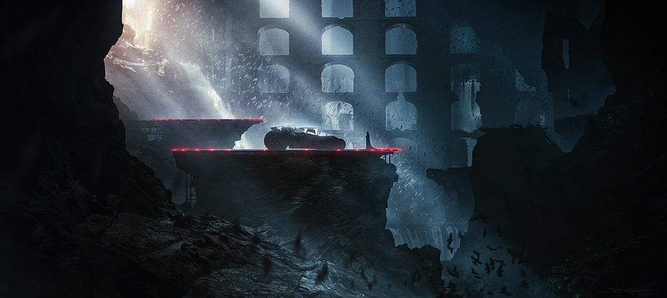 Batman and Batmobile illustration, artwork, Batman, Batmobile, Batcave HD wallpaper