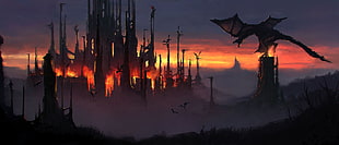 silhouette of dragon on flight graphic wallpaper, dragon, artwork, apocalyptic, fantasy art
