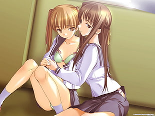 black and brown female anime characters, anime girls, lesbians, school uniform, schoolgirl HD wallpaper