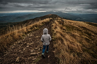 gray hooded jacket, Child, Mountains, Walk