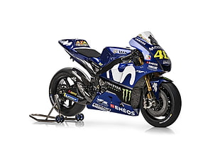 blue sports bike, Yamaha YZR-M1 Movistar, Yamaha Racing, Valentino Rossi HD wallpaper
