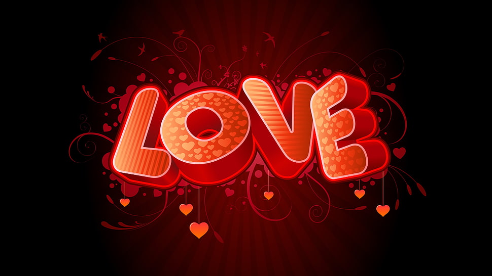 red Love text with black background, digital art, vector art, heart, typography HD wallpaper