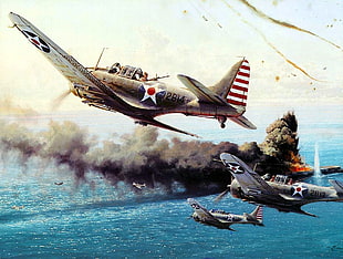 three gray Japanese Zero warplane, World War II, aircraft, McDonnell Douglas, Dauntless