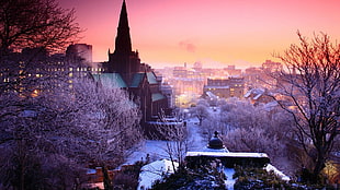 aerial view of gray cathedral, city, purple, winter, snow