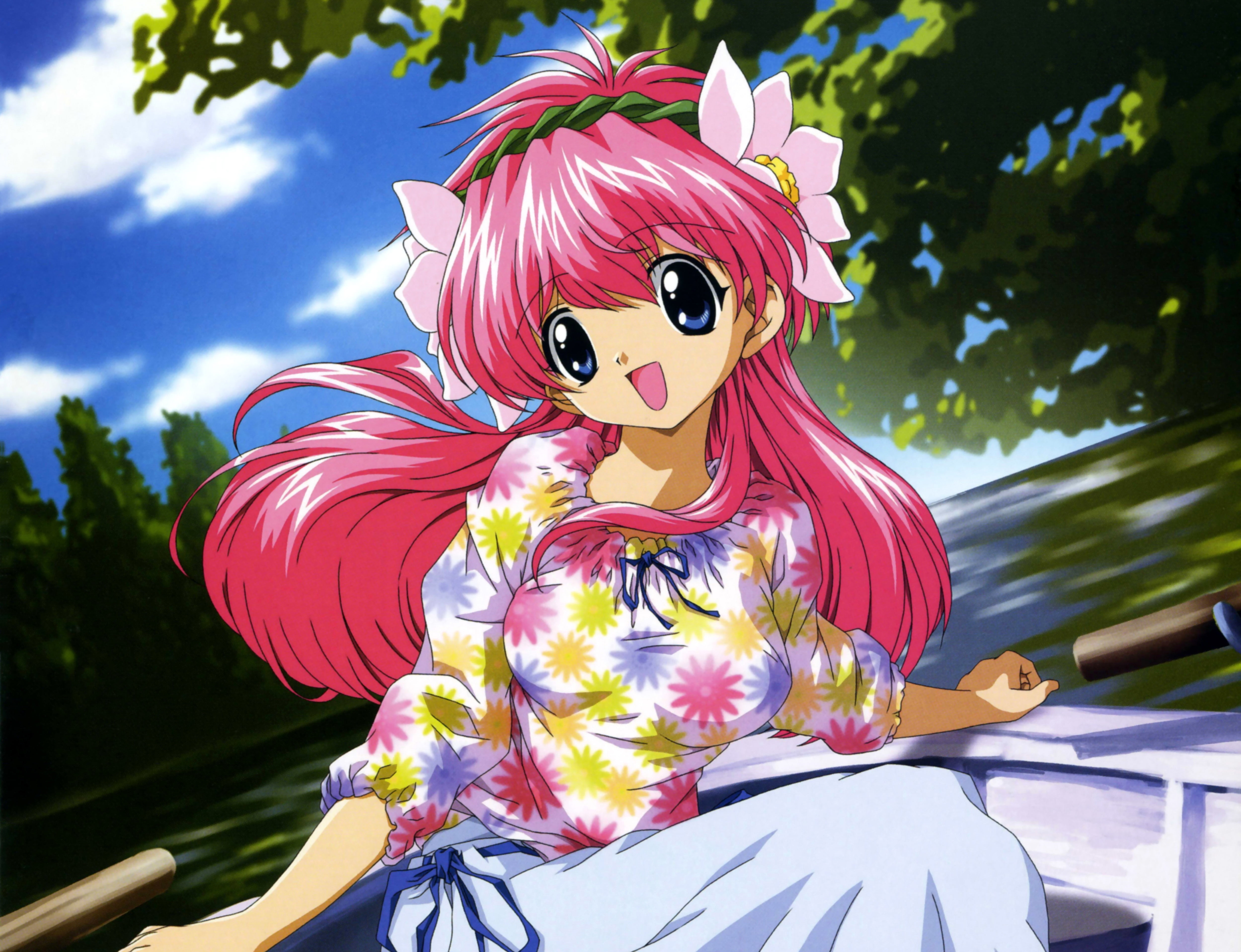 female anime character floral shirt portrait photo HD wallpaper.