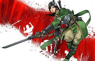 black haired woman wearing army suit holding sword cartoon illustration