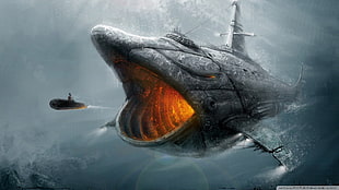 black shark submarine digital wallpaper, fantasy art, submarine, dieselpunk