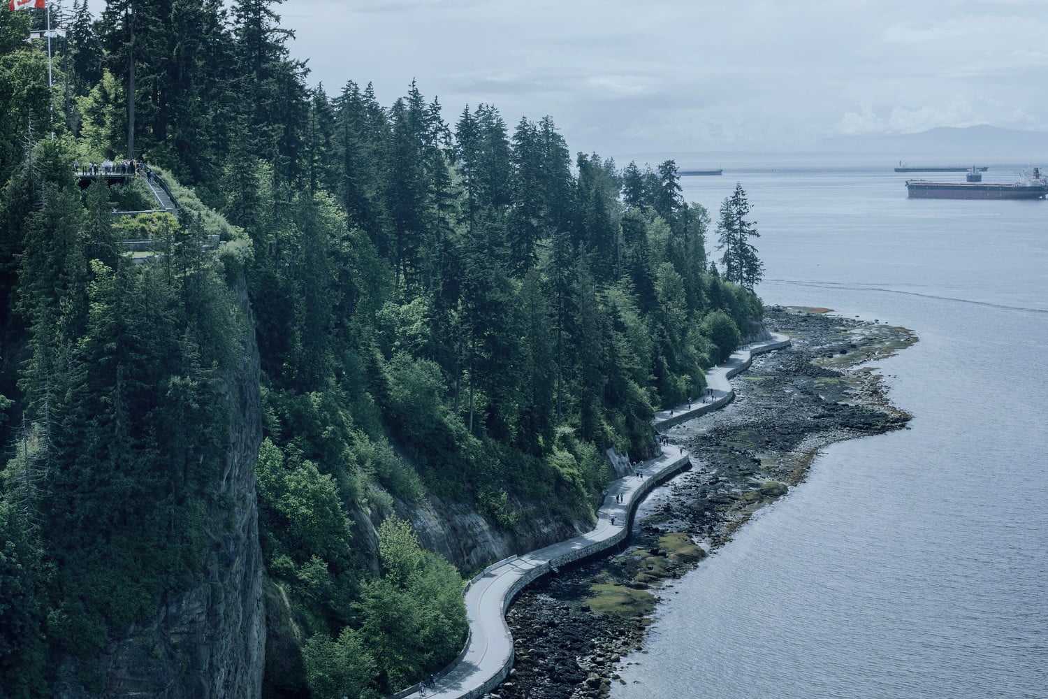 zigzag concrete road near the body of water, sea, forest, island, water