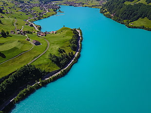 lake surrounded with houses and field, Switzerland, blue, water, road