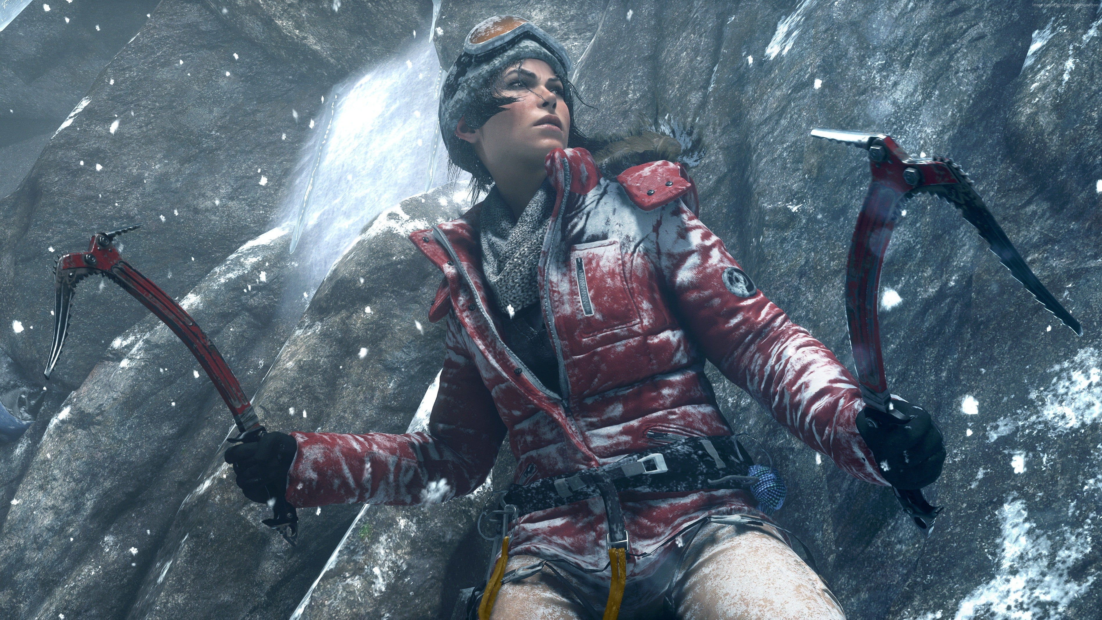 girl in red jacket holding two weapon near mountain game digital wallpaper