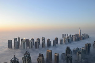gray concrete buildings, building, Dubai, mist, skyline