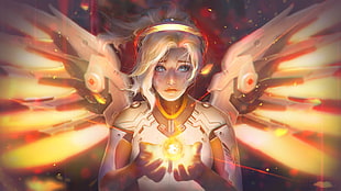 winged female anime character illustration, Overwatch, Mercy (Overwatch)