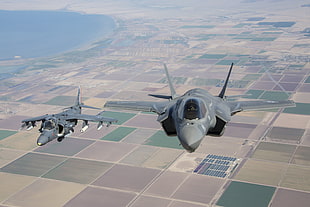 two gray jet fighters flying above grass lands