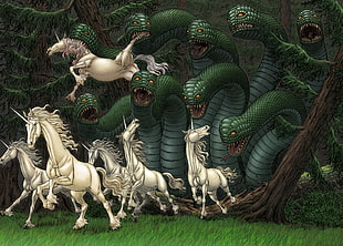 group of unicorns running away from monster artwork, Kentaro Miura, Berserk, unicorns HD wallpaper