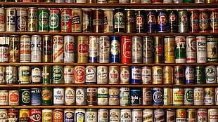 assorted-brand beverage can lot, beer, creativity, alcohol, shelves HD wallpaper