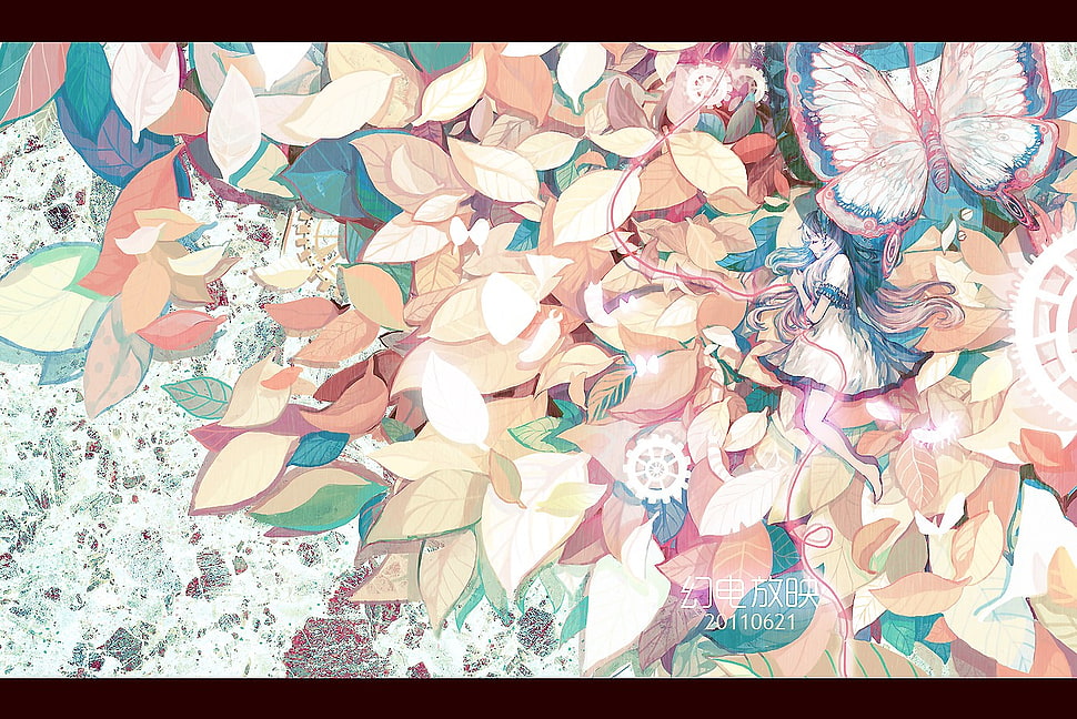 white, blue, and pink floral textile, anime HD wallpaper