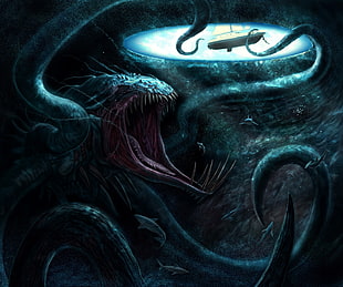 monster digital wallpaper, creature, artwork, spooky, water