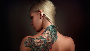 women's green, white, and red back tattoo, women, model, blonde, long hair