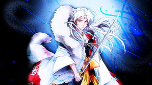 anime illustration, anime, Sesshomaru, sword, white hair