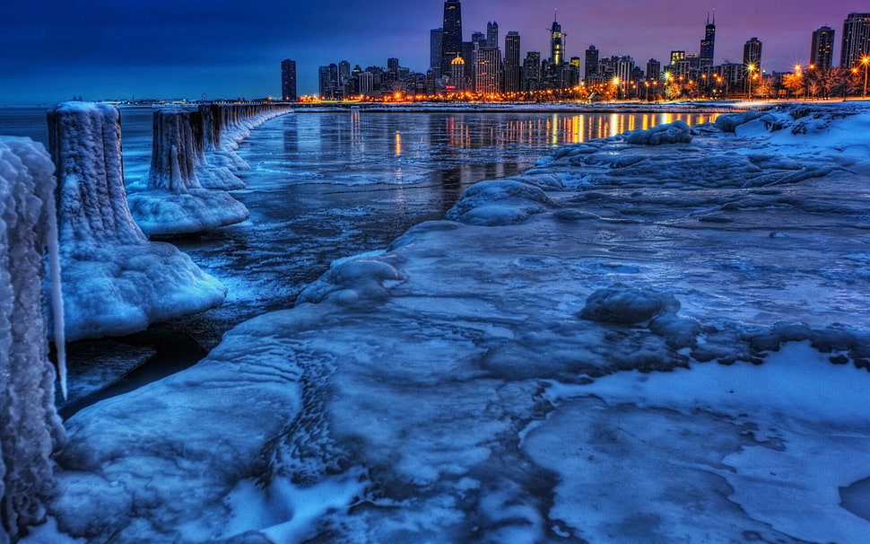 body of water and city buildings, cityscape, ice, water HD wallpaper