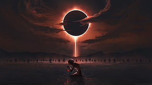 person sitting on ground graphic wallpaper, digital art, eclipse , clouds, Berserk
