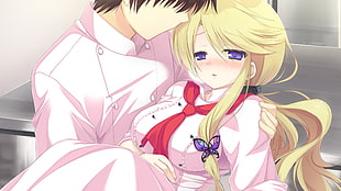 male anime character carrying female anime character wearing pink long-sleeve dress