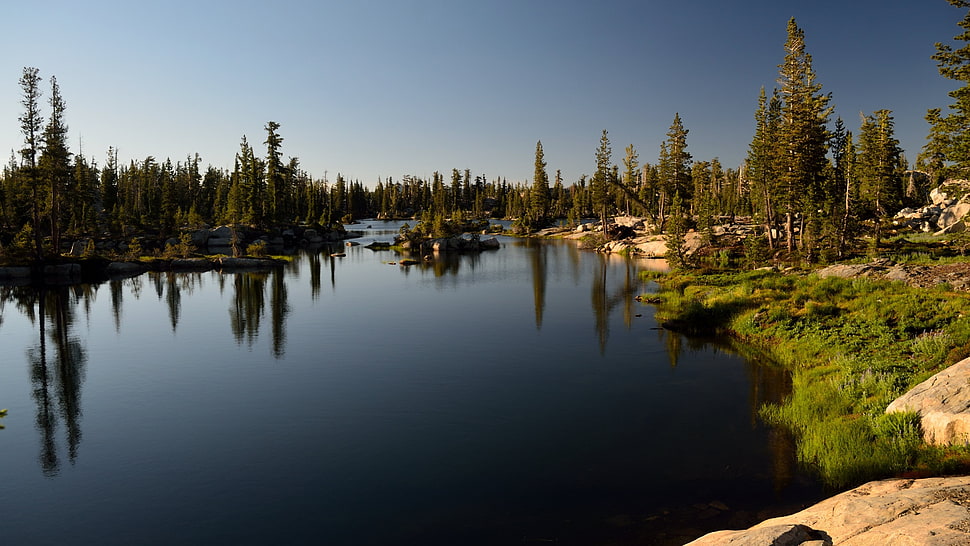 brown rock, landscape, trees, reflection, lake HD wallpaper