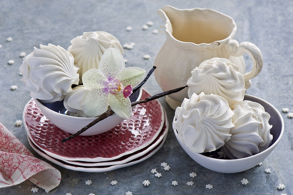 several white pastries on white ceramic bowls near white pitcher HD wallpaper