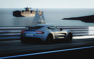panning photography of sports car with a view of cargo ship HD wallpaper