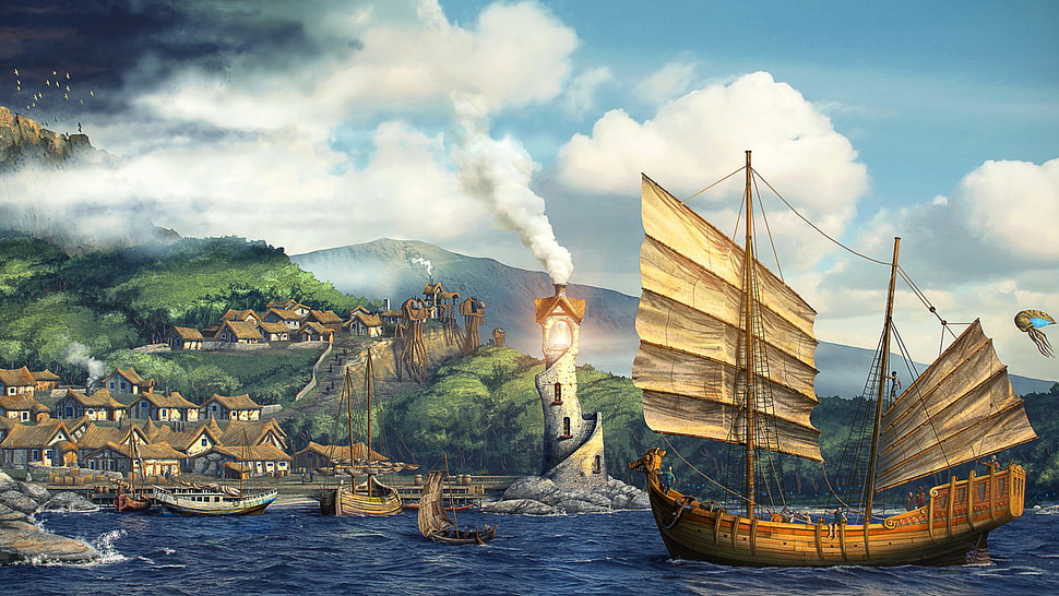 brown galleon ship illustration, sailing ship, lighthouse, boat, town HD wallpaper