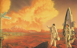 two astronauts landed on mars painting HD wallpaper