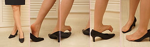 pair of black leather pumps collage, nylon stockings, feet, pantyhose, high heels