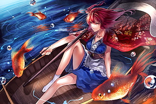 female anime character with scythe riding on boat illustration, Touhou, Onozuka Komachi, cleavage