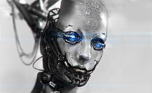 gray skeleton head, digital art, robot