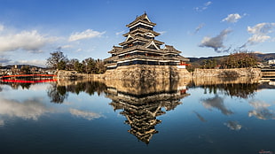 brown and white temple, Matsumoto Castle, architecture, Japan, reflection