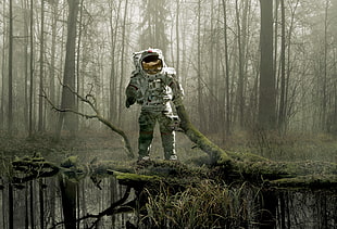astronaut on forest trees 3D wallpaper HD wallpaper