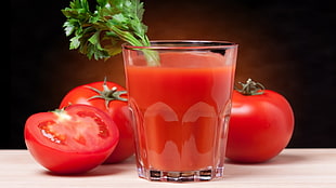 red tomato juice blended placed in clear drinking glass HD wallpaper