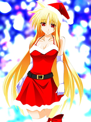 female anime character wearing santa hat and dress