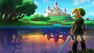 green and blue house near body of water painting, video games, The Legend of Zelda, Link, Master Sword