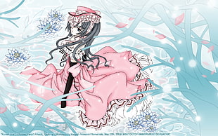 long black haired female anime character wearing pink dress