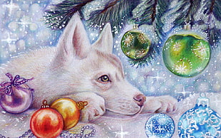 Siberian Husky puppy and Christmas baubles wallpaper
