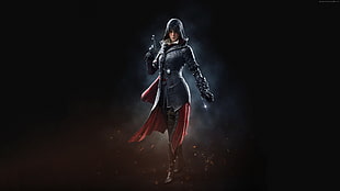 woman wearing black topcoat holding semi-automatic pistol game character