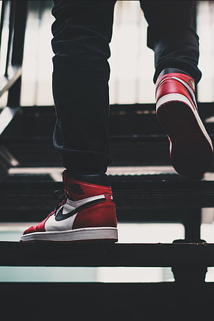 pair of red-and-white Nike Air Jordan 1's, shoes, Nike, stairs