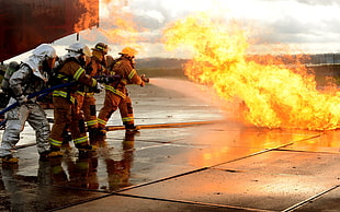 men's orange firefighter uniform, firefight, men, workers, fire HD wallpaper