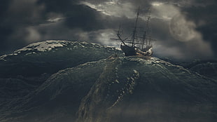 black sailboat, nature, sea, ship, digital art