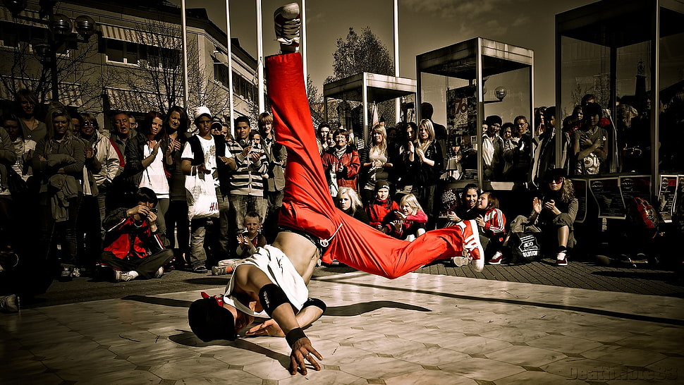 men's white tank top, dancing, breakdance HD wallpaper